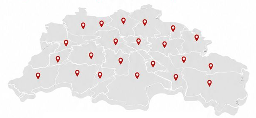Stilisierte Karte von Berlin mit Markierungen in allen Bezirken